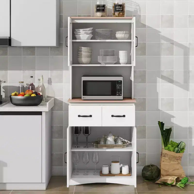 MAYEERTY Meuble de cuisine en bois blanc, armoire de rangement pour garde-manger, meuble à micro-ondes avec portes en verre encadrées et tiroir.