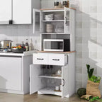 MAYEERTY Meuble de cuisine en bois blanc, armoire de rangement pour garde-manger, meuble à micro-ondes avec portes en verre encadrées et tiroir.