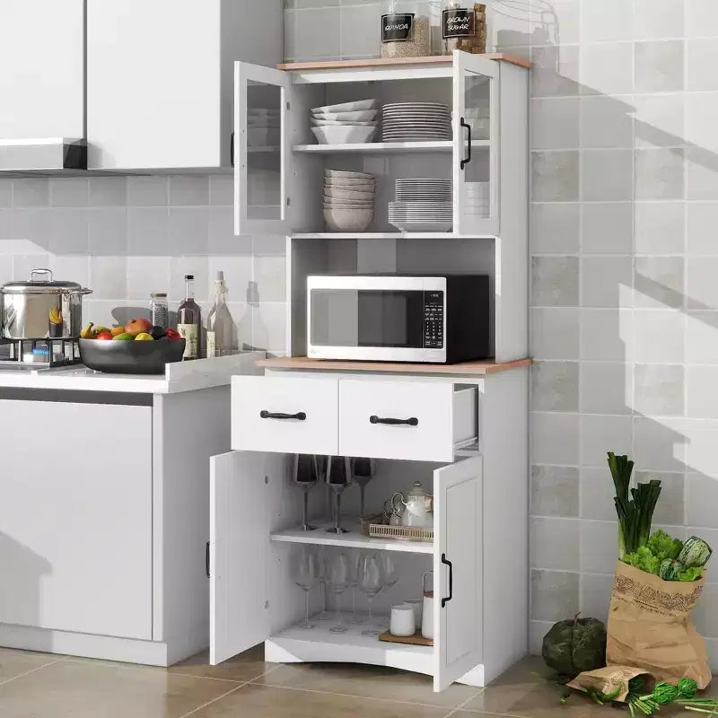 MAYEERTY Meuble de cuisine en bois blanc, armoire de rangement pour garde-manger, meuble à micro-ondes avec portes en verre encadrées et tiroir.
