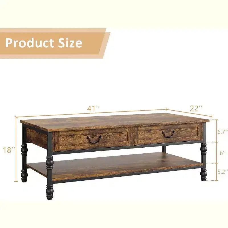 Table basse en bois de 41 pouces avec 2 tiroirs de rangement, tables de salon rectangulaires rustiques avec étagère de rangement, table centrale en bois pour salon et bureau