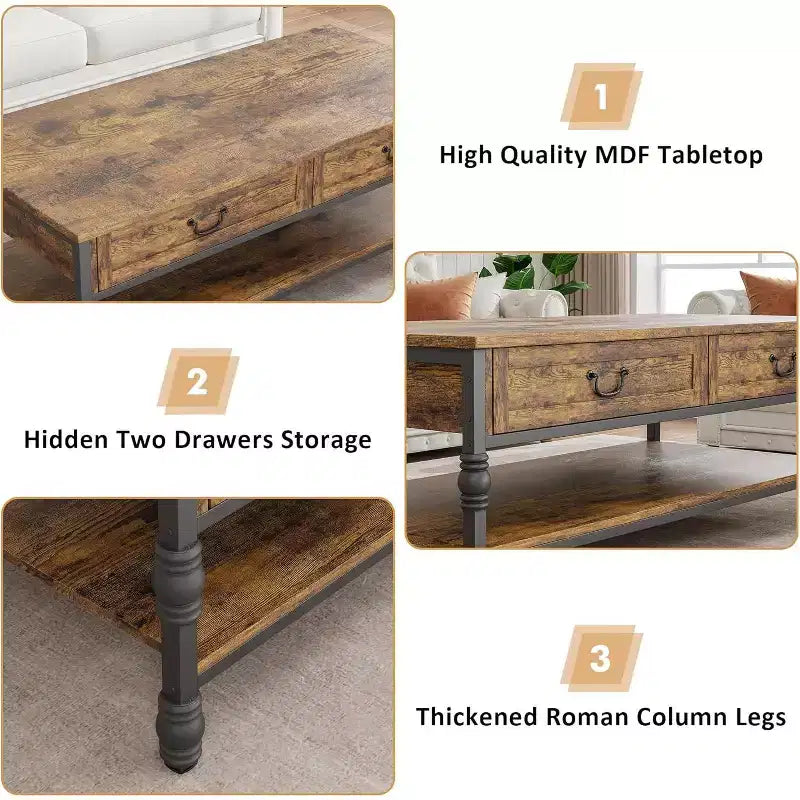 Table basse en bois de 41 pouces avec 2 tiroirs de rangement, tables de salon rectangulaires rustiques avec étagère de rangement, table centrale en bois pour salon et bureau