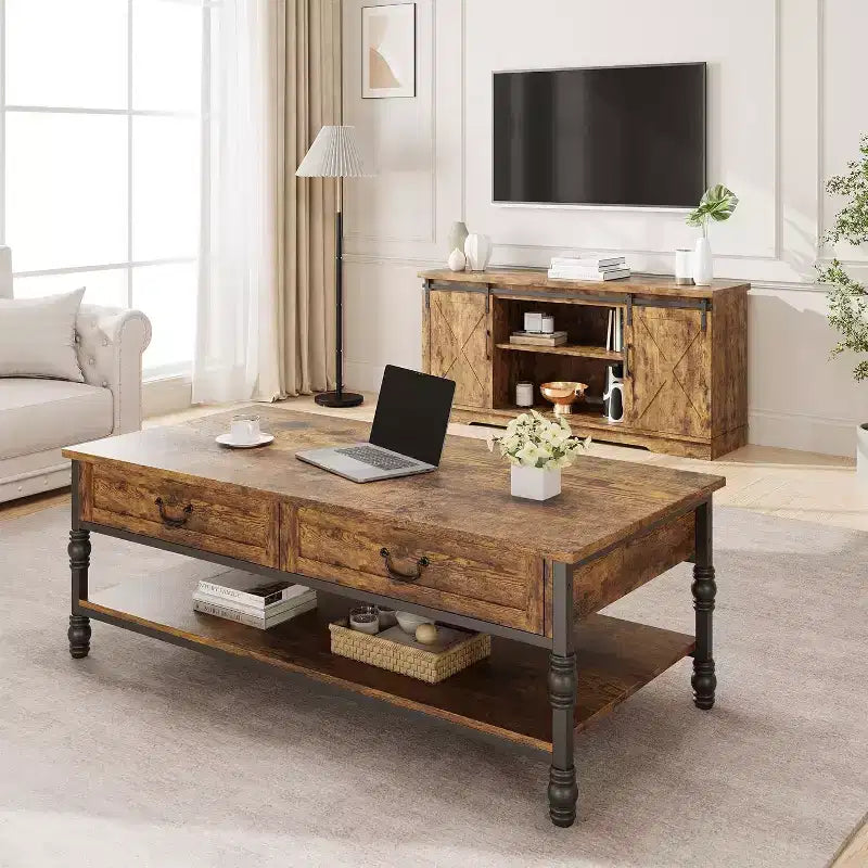 Table basse en bois de 41 pouces avec 2 tiroirs de rangement, tables de salon rectangulaires rustiques avec étagère de rangement, table centrale en bois pour salon et bureau