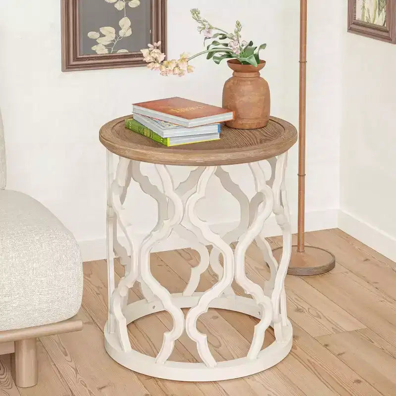 COZAYH Table d'appoint ronde rustique avec plateau en bois pour salon ou chambre à coucher, petite table de 17,75 x 20 pouces, blanche