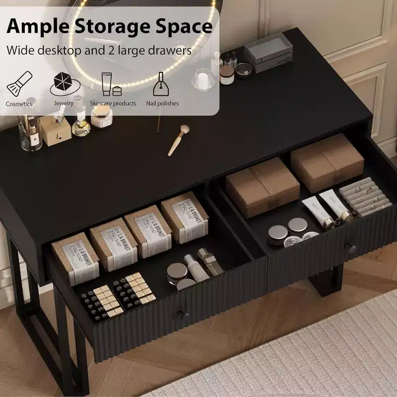Coiffeuse avec miroir et lumières, Petite coiffeuse avec 2/5 tiroirs pour chambre à coucher, Coiffeuse de maquillage moderne avec 3 couleurs de lumières