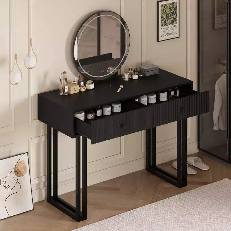 Coiffeuse avec miroir et lumières, Petite coiffeuse avec 2/5 tiroirs pour chambre à coucher, Coiffeuse de maquillage moderne avec 3 couleurs de lumières
