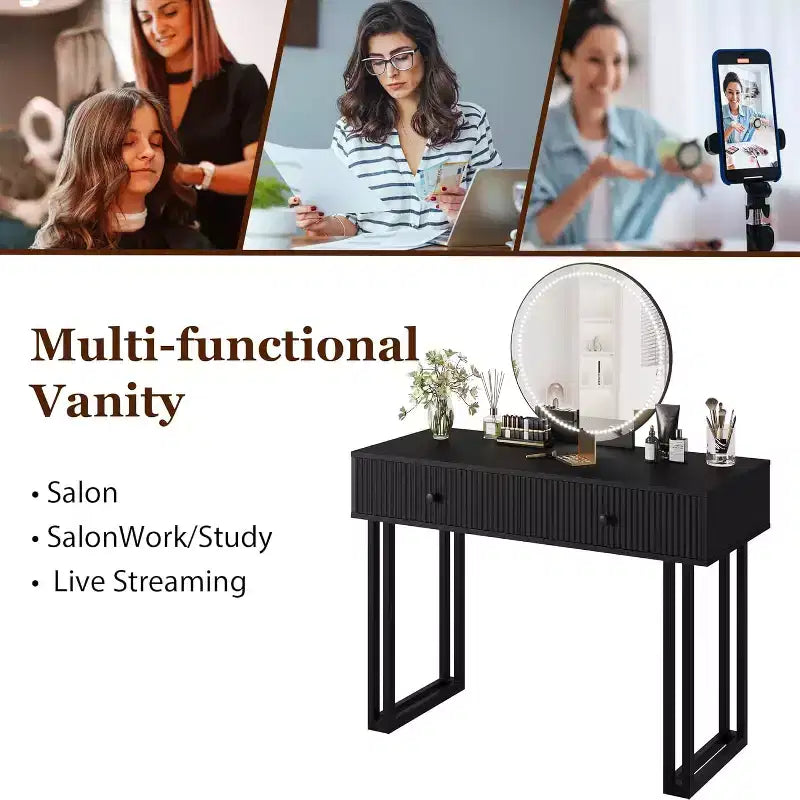 Coiffeuse avec miroir et lumières, Petite coiffeuse avec 2/5 tiroirs pour chambre à coucher, Coiffeuse de maquillage moderne avec 3 couleurs de lumières