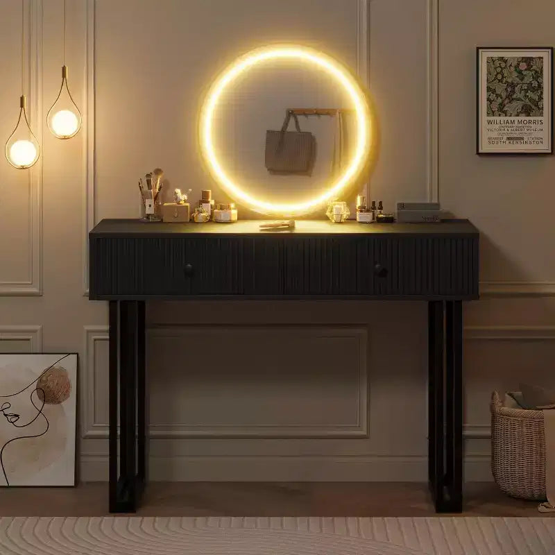 Coiffeuse avec miroir et lumières, Petite coiffeuse avec 2/5 tiroirs pour chambre à coucher, Coiffeuse de maquillage moderne avec 3 couleurs de lumières