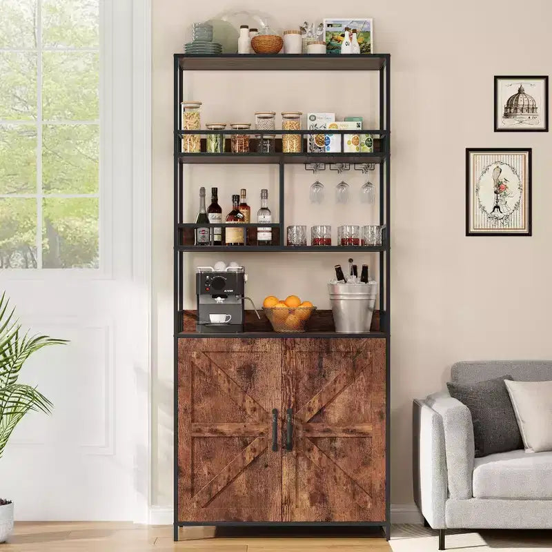 Étagère de boulanger avec rangement, armoire de cuisine autonome de style rustique avec petite huche, porte haute, comptoir épaissi, étagères de rangement pour bar à café