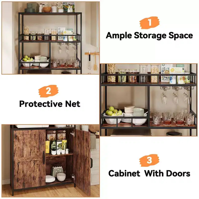 Étagère de boulanger avec rangement, armoire de cuisine autonome de style rustique avec petite huche, porte haute, comptoir épaissi, étagères de rangement pour bar à café
