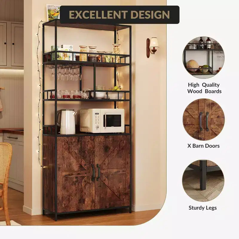 Étagère de boulanger avec rangement, armoire de cuisine autonome de style rustique avec petite huche, porte haute, comptoir épaissi, étagères de rangement pour bar à café