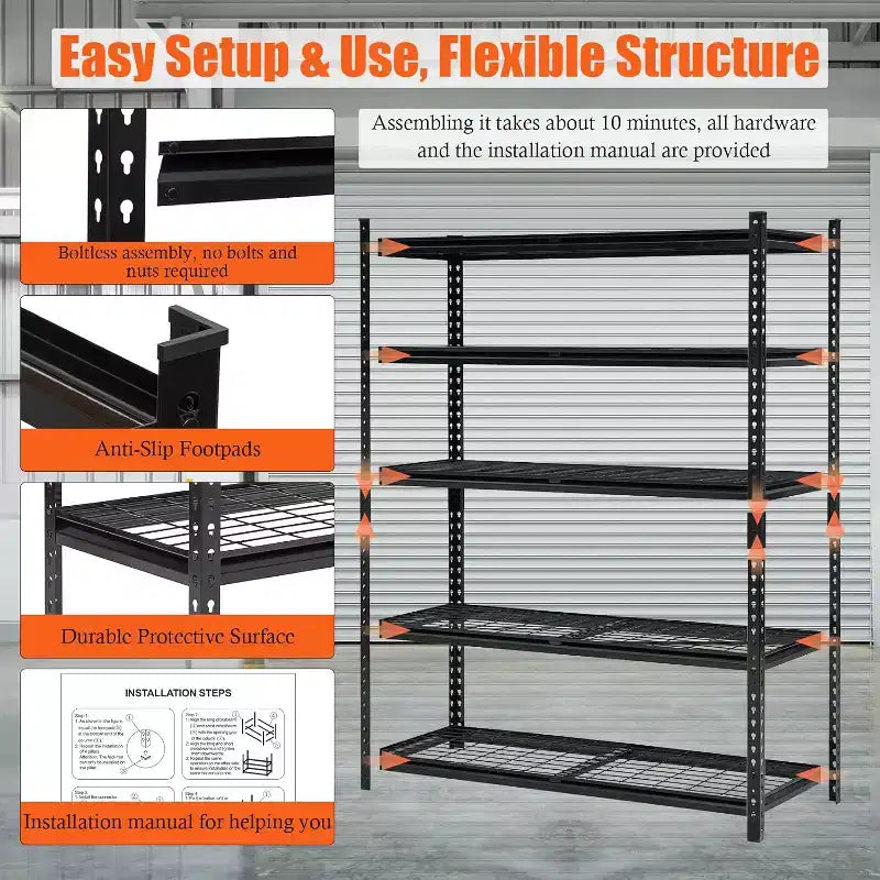 GustoWave Étagère de garage robuste à 5 niveaux, rangement de garage avec étagères réglables pour garde-manger de cuisine, sous-sol, noire
