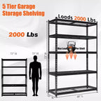 GustoWave Étagère de garage robuste à 5 niveaux, rangement de garage avec étagères réglables pour garde-manger de cuisine, sous-sol, noire