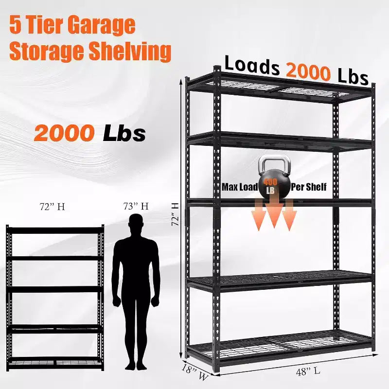 GustoWave Étagère de garage robuste à 5 niveaux, rangement de garage avec étagères réglables pour garde-manger de cuisine, sous-sol, noire