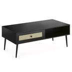 Table basse pour salon, table centrale rectangulaire en bois à 2 niveaux de style moderne du milieu du siècle avec tiroir à porte en rotin PVC