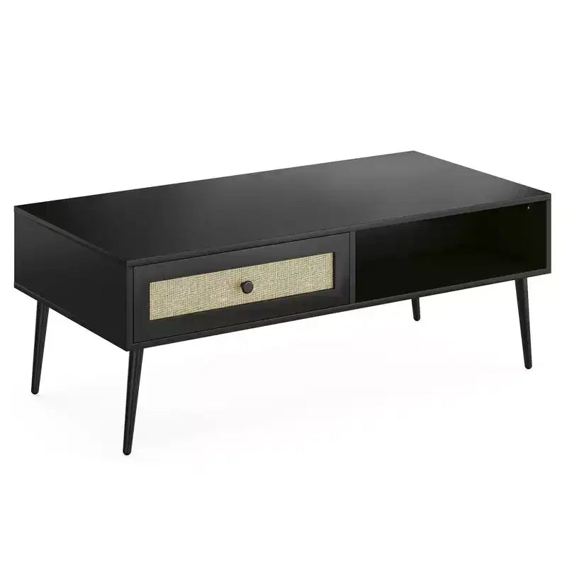 Table basse pour salon, table centrale rectangulaire en bois à 2 niveaux de style moderne du milieu du siècle avec tiroir à porte en rotin PVC
