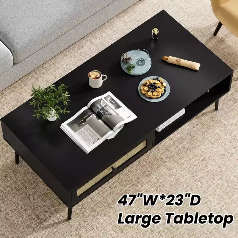 Table basse pour salon, table centrale rectangulaire en bois à 2 niveaux de style moderne du milieu du siècle avec tiroir à porte en rotin PVC