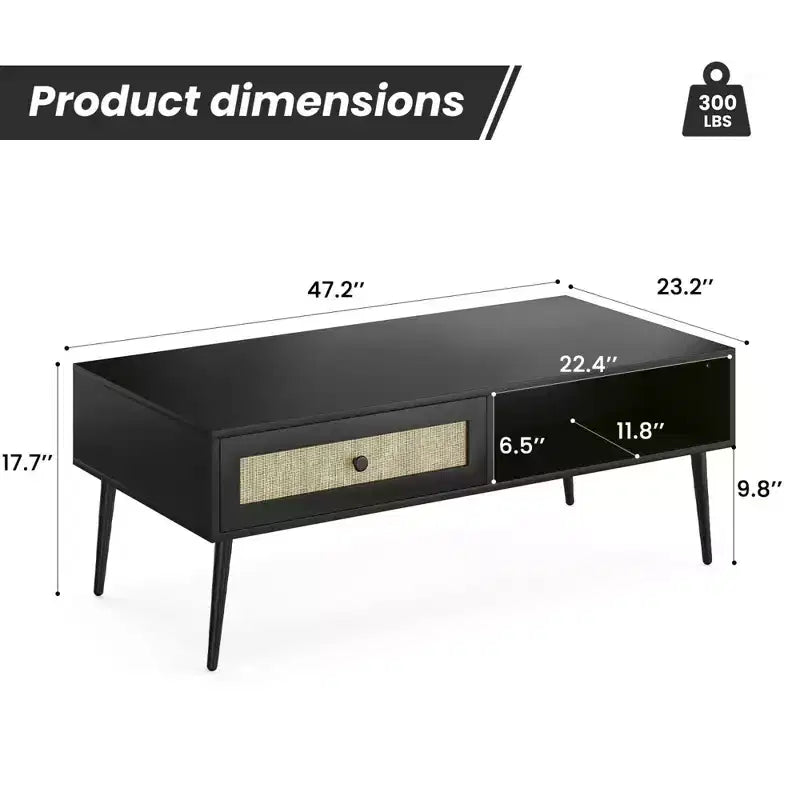 Table basse pour salon, table centrale rectangulaire en bois à 2 niveaux de style moderne du milieu du siècle avec tiroir à porte en rotin PVC