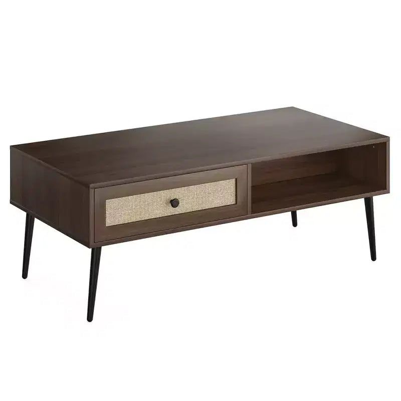 Table basse pour salon, table centrale rectangulaire en bois à 2 niveaux de style moderne du milieu du siècle avec tiroir à porte en rotin PVC