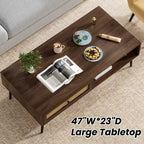 Table basse pour salon, table centrale rectangulaire en bois à 2 niveaux de style moderne du milieu du siècle avec tiroir à porte en rotin PVC