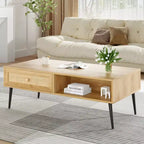 Table basse pour salon, table centrale rectangulaire en bois à 2 niveaux de style moderne du milieu du siècle avec tiroir à porte en rotin PVC