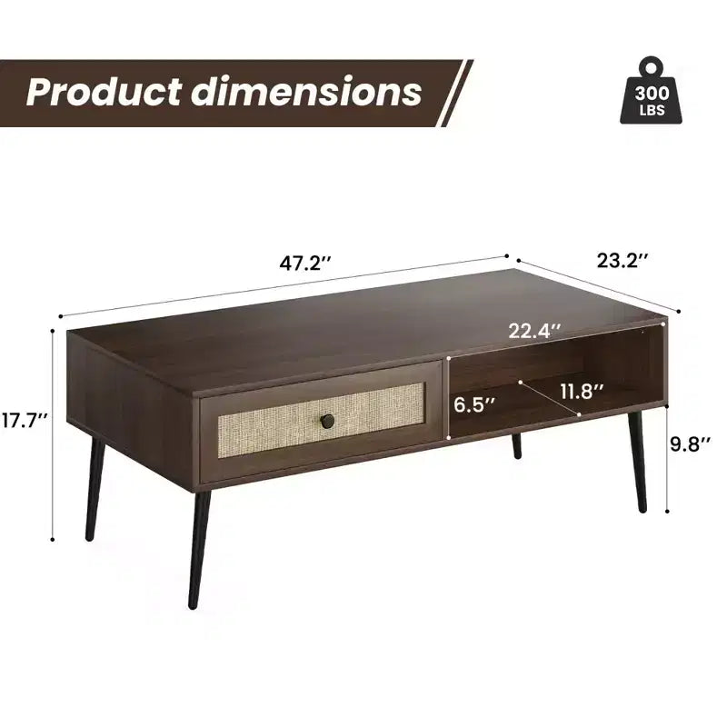 Table basse pour salon, table centrale rectangulaire en bois à 2 niveaux de style moderne du milieu du siècle avec tiroir à porte en rotin PVC