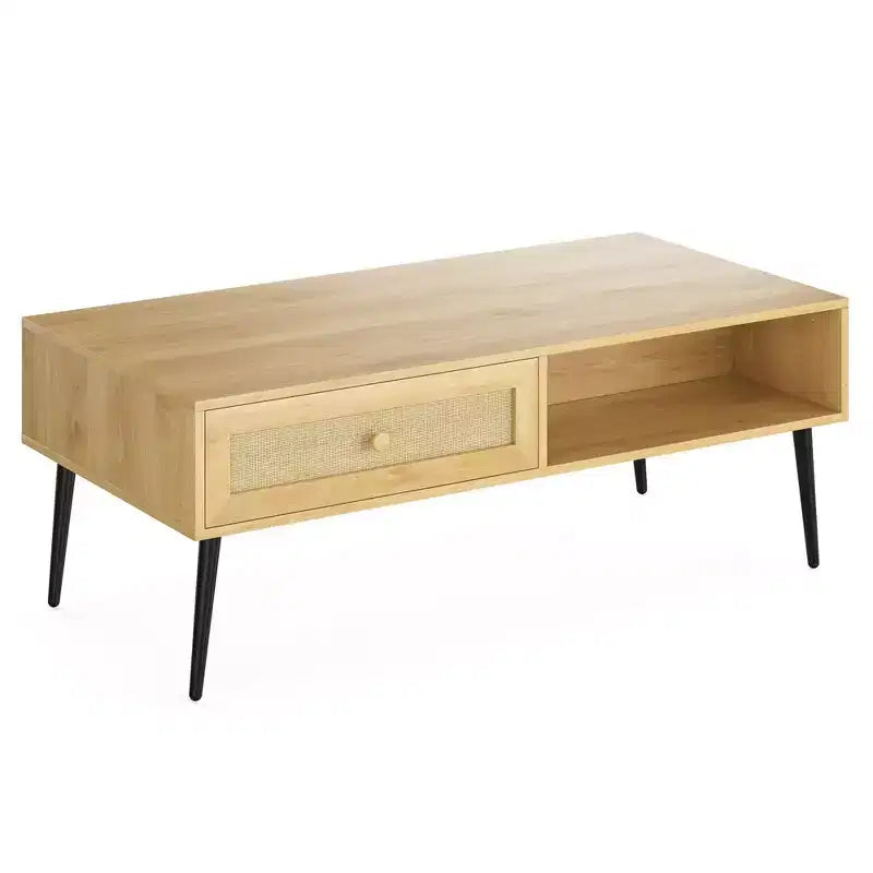 Table basse pour salon, table centrale rectangulaire en bois à 2 niveaux de style moderne du milieu du siècle avec tiroir à porte en rotin PVC