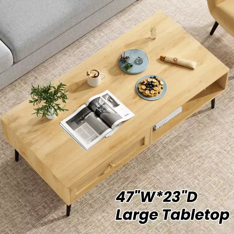 Table basse pour salon, table centrale rectangulaire en bois à 2 niveaux de style moderne du milieu du siècle avec tiroir à porte en rotin PVC
