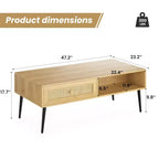 Table basse pour salon, table centrale rectangulaire en bois à 2 niveaux de style moderne du milieu du siècle avec tiroir à porte en rotin PVC