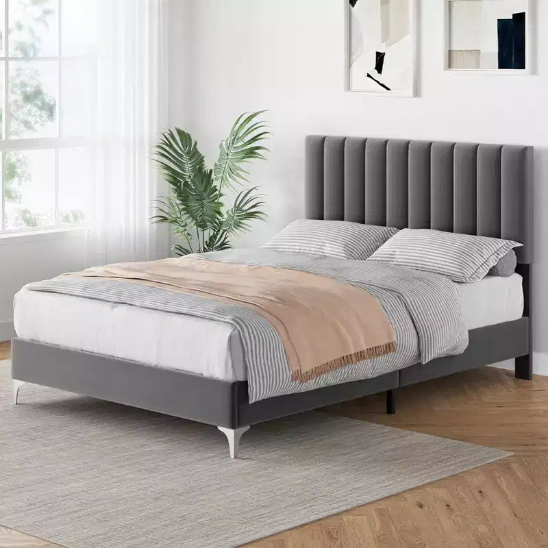 CuisinSmart Cadre de lit, Cadre de lit plateforme rembourré avec tête de lit réglable, Aucun sommier tapissier requis, Facile à monter, Capacité de poids de 1200 livres