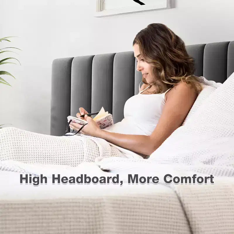 CuisinSmart Cadre de lit, Cadre de lit plateforme rembourré avec tête de lit réglable, Aucun sommier tapissier requis, Facile à monter, Capacité de poids de 1200 livres