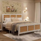 Cadre de lit Queen en rotin avec tête de lit, lit plateforme blanc/naturel avec lattes métalliques, 14 espaces de rangement, aucun sommier tapissier requis