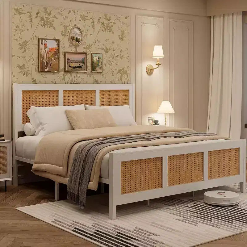 Cadre de lit Queen en rotin avec tête de lit, lit plateforme blanc/naturel avec lattes métalliques, 14 espaces de rangement, aucun sommier tapissier requis