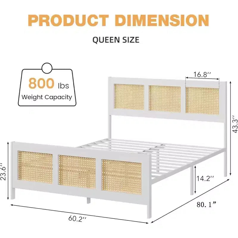 Cadre de lit Queen en rotin avec tête de lit, lit plateforme blanc/naturel avec lattes métalliques, 14 espaces de rangement, aucun sommier tapissier requis