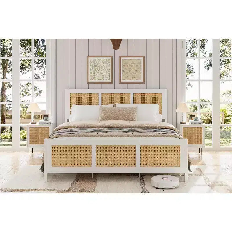 Cadre de lit Queen en rotin avec tête de lit, lit plateforme blanc/naturel avec lattes métalliques, 14 espaces de rangement, aucun sommier tapissier requis
