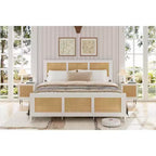 Cadre de lit Queen en rotin avec tête de lit, lit plateforme blanc/naturel avec lattes métalliques, 14 espaces de rangement, aucun sommier tapissier requis