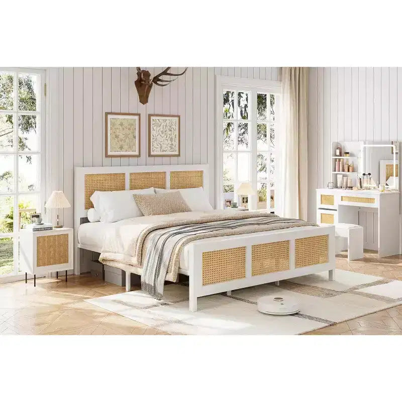 Cadre de lit Queen en rotin avec tête de lit, lit plateforme blanc/naturel avec lattes métalliques, 14 espaces de rangement, aucun sommier tapissier requis