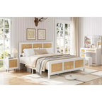 Cadre de lit Queen en rotin avec tête de lit, lit plateforme blanc/naturel avec lattes métalliques, 14 espaces de rangement, aucun sommier tapissier requis