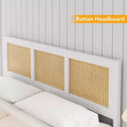 Cadre de lit Queen en rotin avec tête de lit, lit plateforme blanc/naturel avec lattes métalliques, 14 espaces de rangement, aucun sommier tapissier requis
