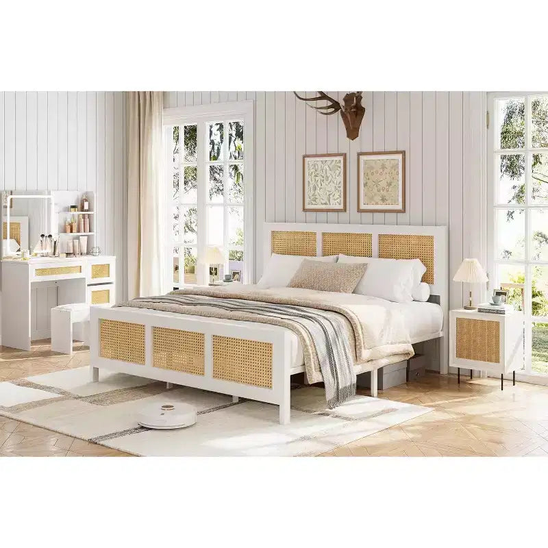 Cadre de lit Queen en rotin avec tête de lit, lit plateforme blanc/naturel avec lattes métalliques, 14 espaces de rangement, aucun sommier tapissier requis