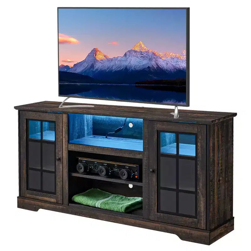 Meuble TV EROMMY avec porte en verre trempé pour téléviseurs jusqu'à 65 pouces
