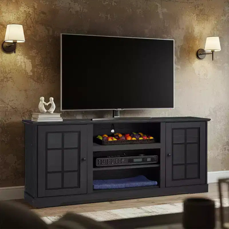 Meuble TV EROMMY avec porte en verre trempé pour téléviseurs jusqu'à 65 pouces