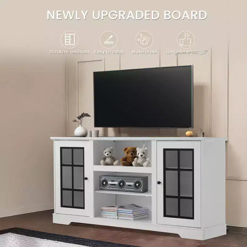 Meuble TV EROMMY avec porte en verre trempé pour téléviseurs jusqu'à 65 pouces