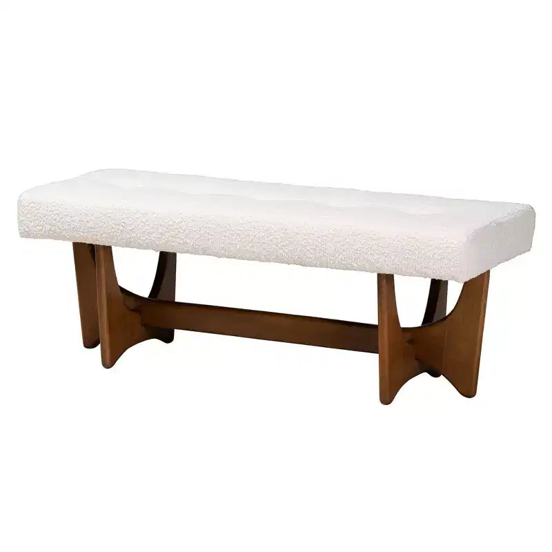 Banc Baxton Studio Theo, style mi-siècle moderne, rembourré en tissu beige grisâtre, finition noyer