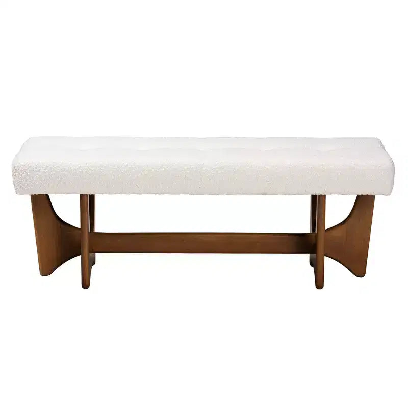 Banc Baxton Studio Theo, style mi-siècle moderne, rembourré en tissu beige grisâtre, finition noyer