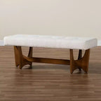 Banc Baxton Studio Theo, style mi-siècle moderne, rembourré en tissu beige grisâtre, finition noyer