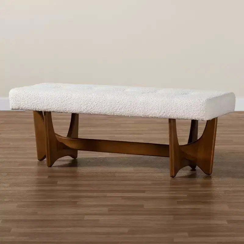 Banc Baxton Studio Theo, style mi-siècle moderne, rembourré en tissu beige grisâtre, finition noyer
