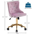 VINGLI Chaise de bureau sans accoudoirs avec base/roues dorées, chaise de coiffeuse/maquillage avec dossier pour chambre à coucher, chaise à roulettes pivotante pour salon de manucure