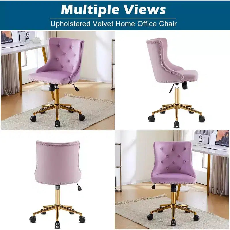 VINGLI Chaise de bureau sans accoudoirs avec base/roues dorées, chaise de coiffeuse/maquillage avec dossier pour chambre à coucher, chaise à roulettes pivotante pour salon de manucure