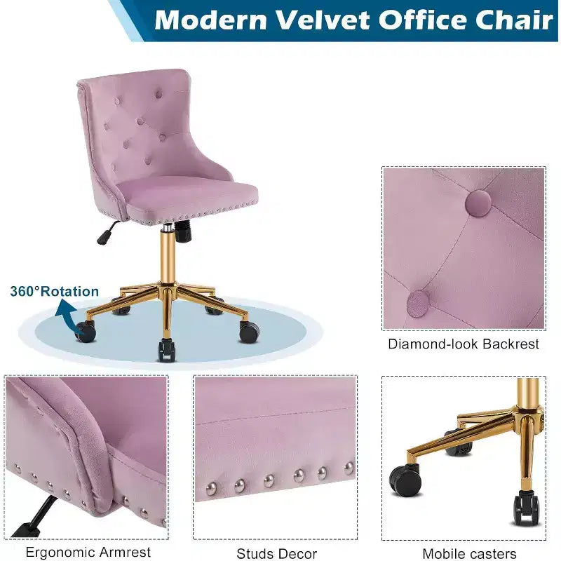 VINGLI Chaise de bureau sans accoudoirs avec base/roues dorées, chaise de coiffeuse/maquillage avec dossier pour chambre à coucher, chaise à roulettes pivotante pour salon de manucure