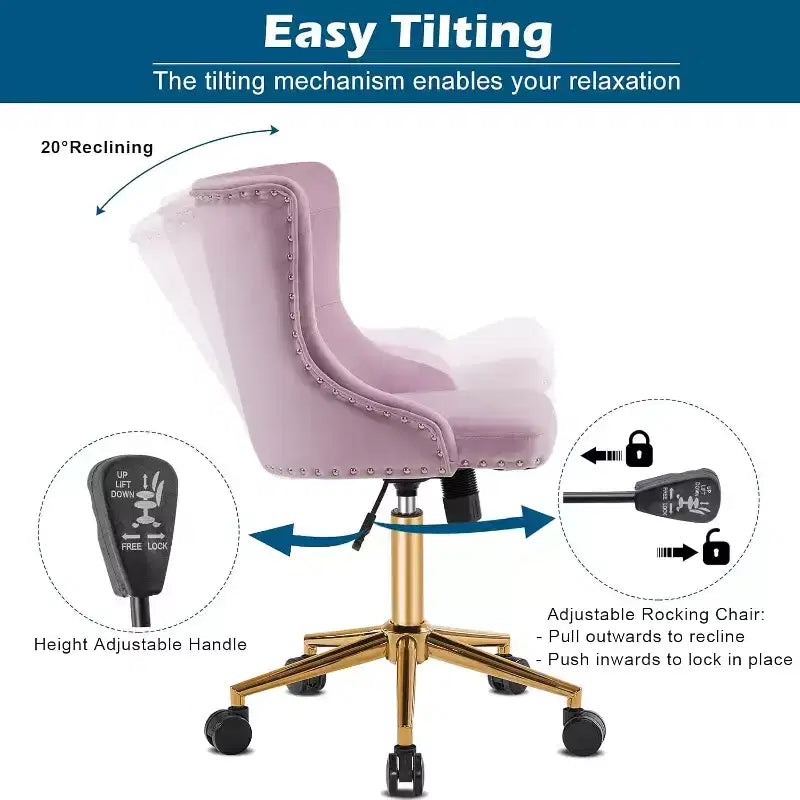 VINGLI Chaise de bureau sans accoudoirs avec base/roues dorées, chaise de coiffeuse/maquillage avec dossier pour chambre à coucher, chaise à roulettes pivotante pour salon de manucure